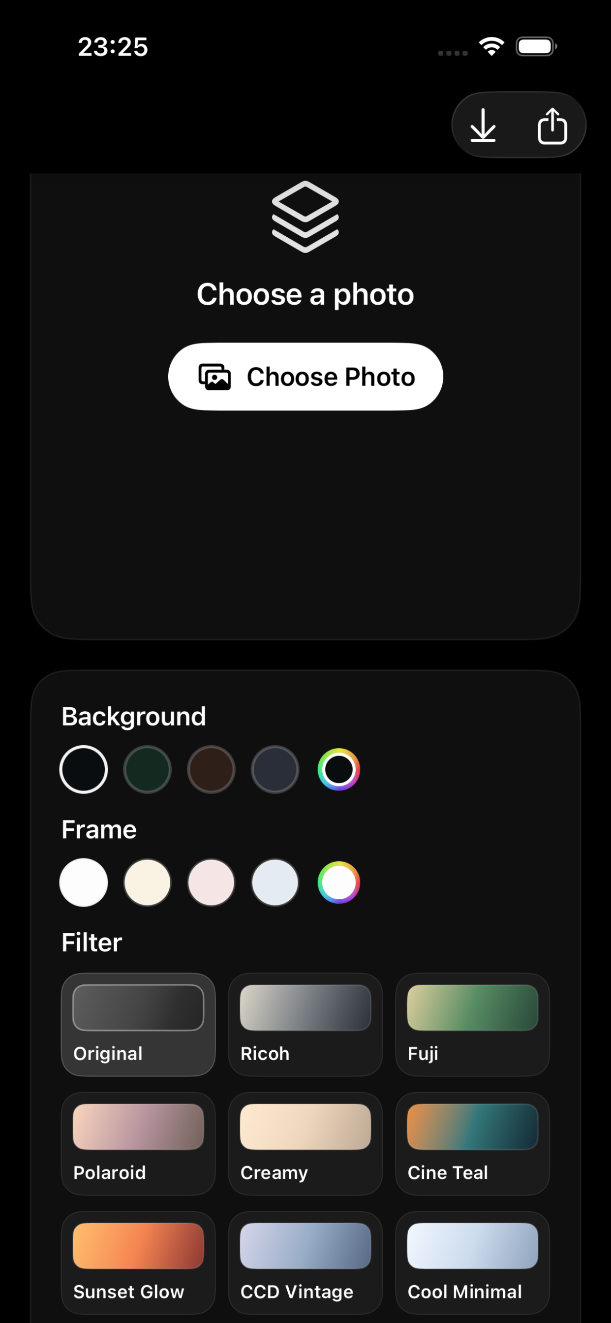 iOutBox editor with background, frame, and filter controls