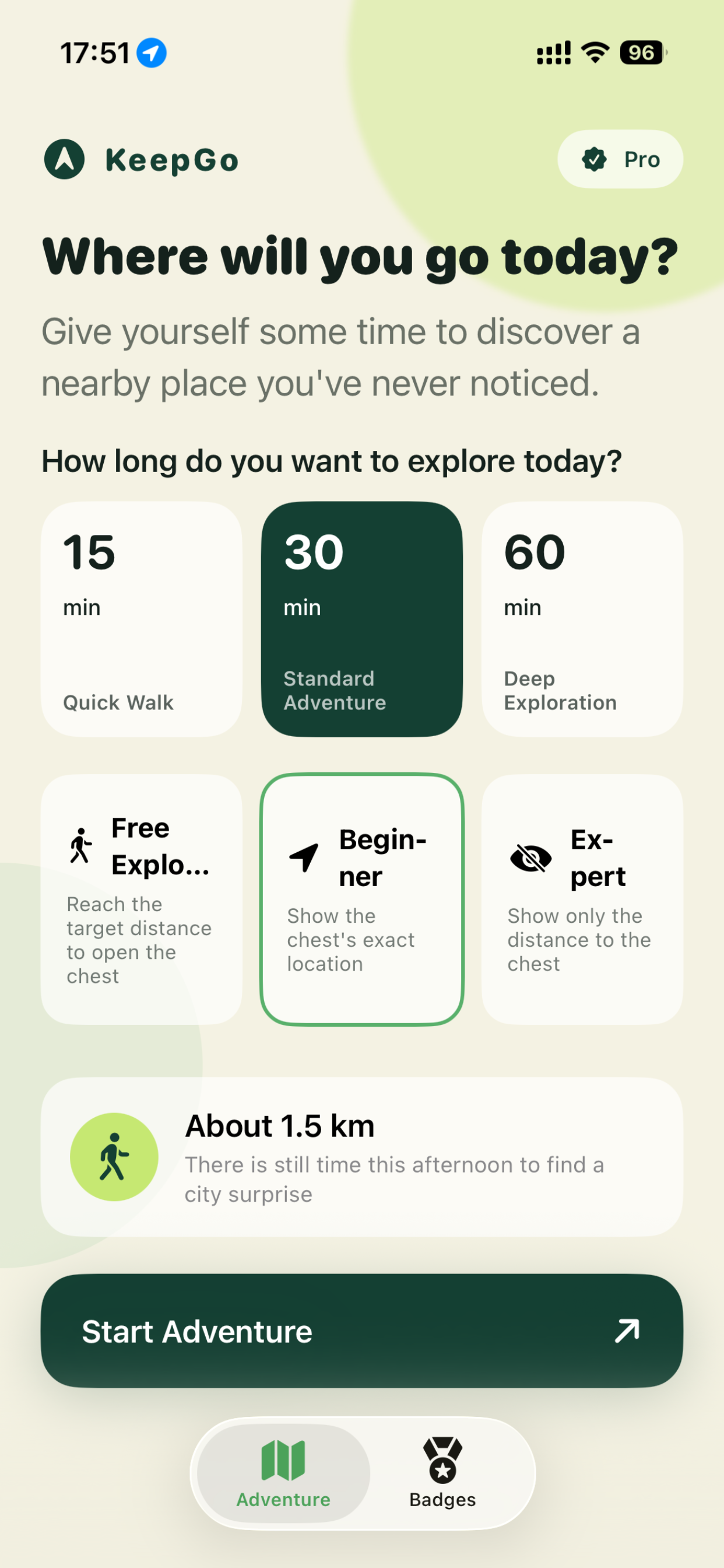 KeepGo adventure home screen with duration and exploration mode choices