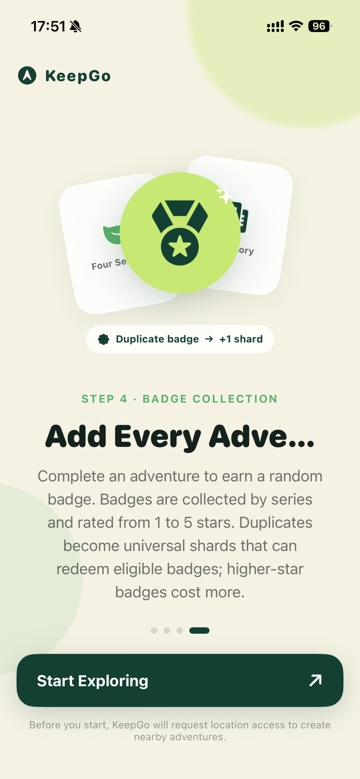 KeepGo onboarding illustration showing collectible badge series and universal shards