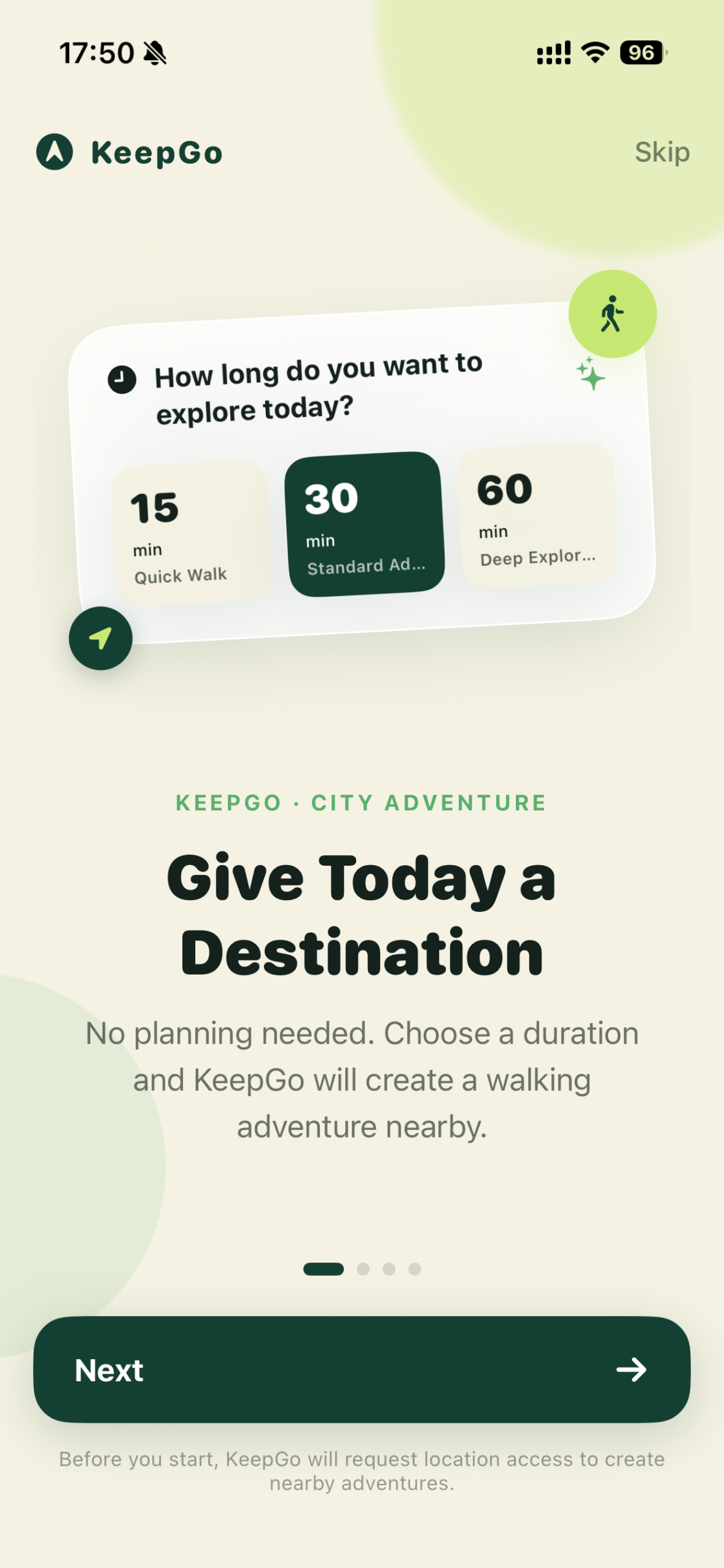 KeepGo onboarding screen for choosing a walking adventure duration