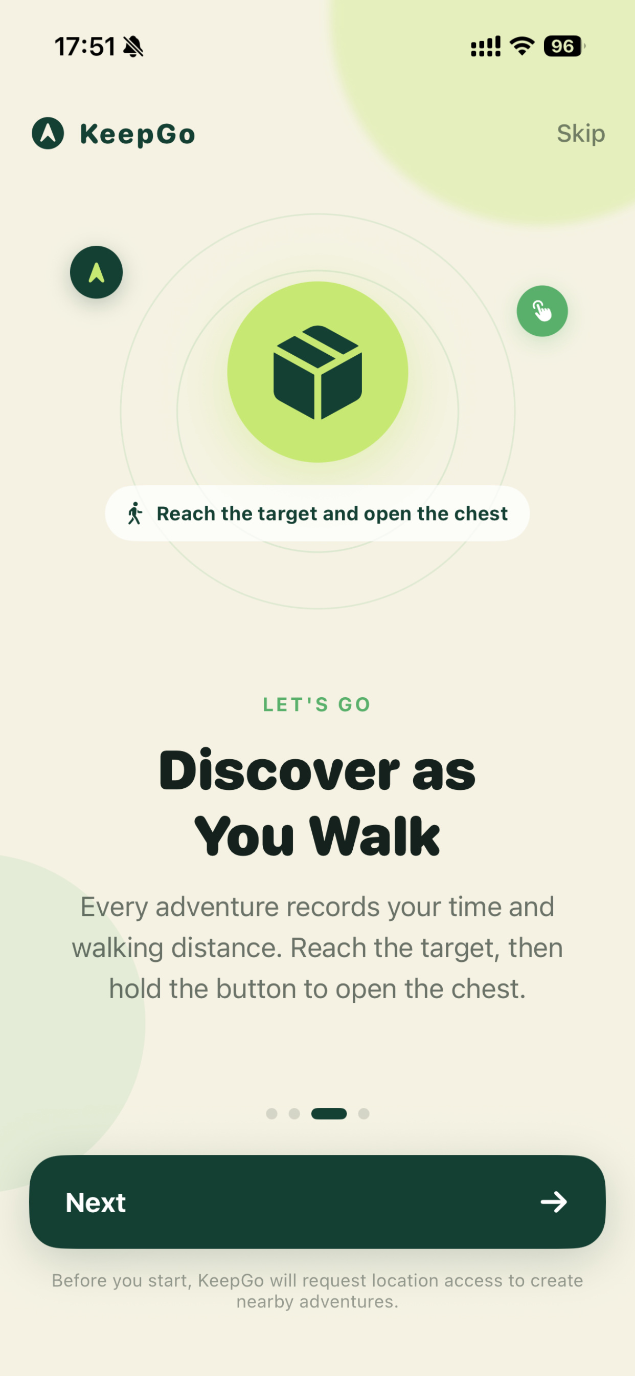KeepGo onboarding illustration showing a chest waiting at the end of an adventure